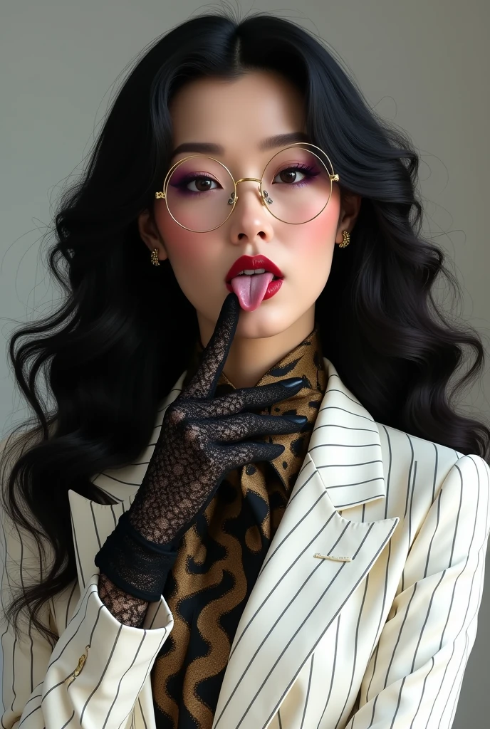 With long, curly black hair、Heavy makeup and purple eyeshadow、Dark eyeliner、Around her neck she wears a ribbon-shaped satin black and gold chain patterned scarf.、Wearing gold-rimmed glasses、Wearing long gloves made of black rose lace、A Japanese woman in her 50s wearing a striped white suit is licking her fingers with her tongue