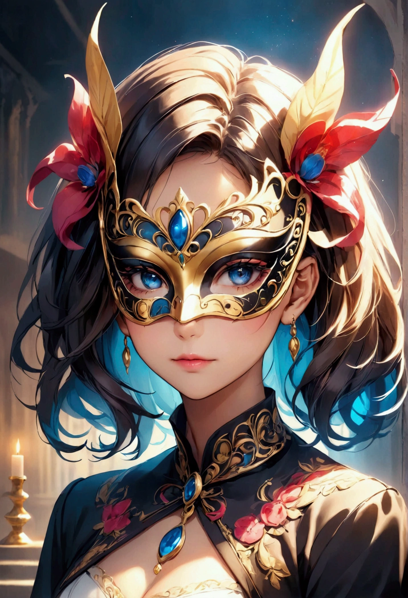 Portrait of a woman in a richly decorated masquerade mask. the mask has high detail and elegant style. the design creates an atmosphere of mystery, fantasy, and magic.