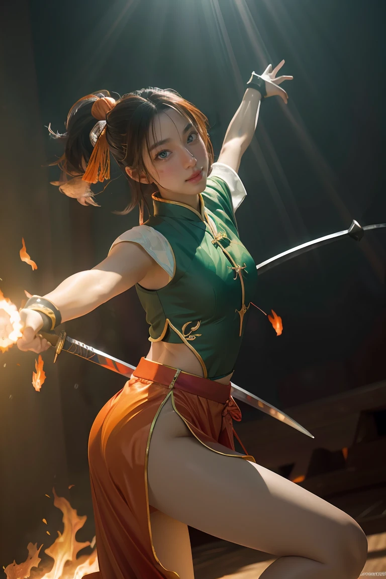 Fisheye lens with flames in background, Chinese girl dancing swords, dressed in Tang costume, a person, upward light, ray tracing, edge light, glow effect, exaggerated action, exaggerated perspective, orange, green, realistic ultra-fine rendering wind, super detail, blender, octanerending