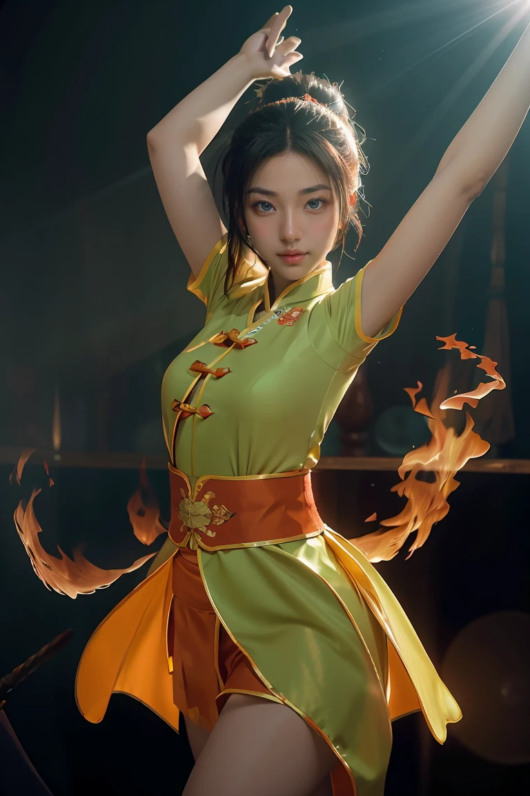 Fisheye lens with flames in background, Chinese girl dancing swords, dressed in Tang costume, a person, upward light, ray tracing, edge light, glow effect, exaggerated action, exaggerated perspective, orange, green, realistic ultra-fine rendering wind, super detail, blender, octanerending