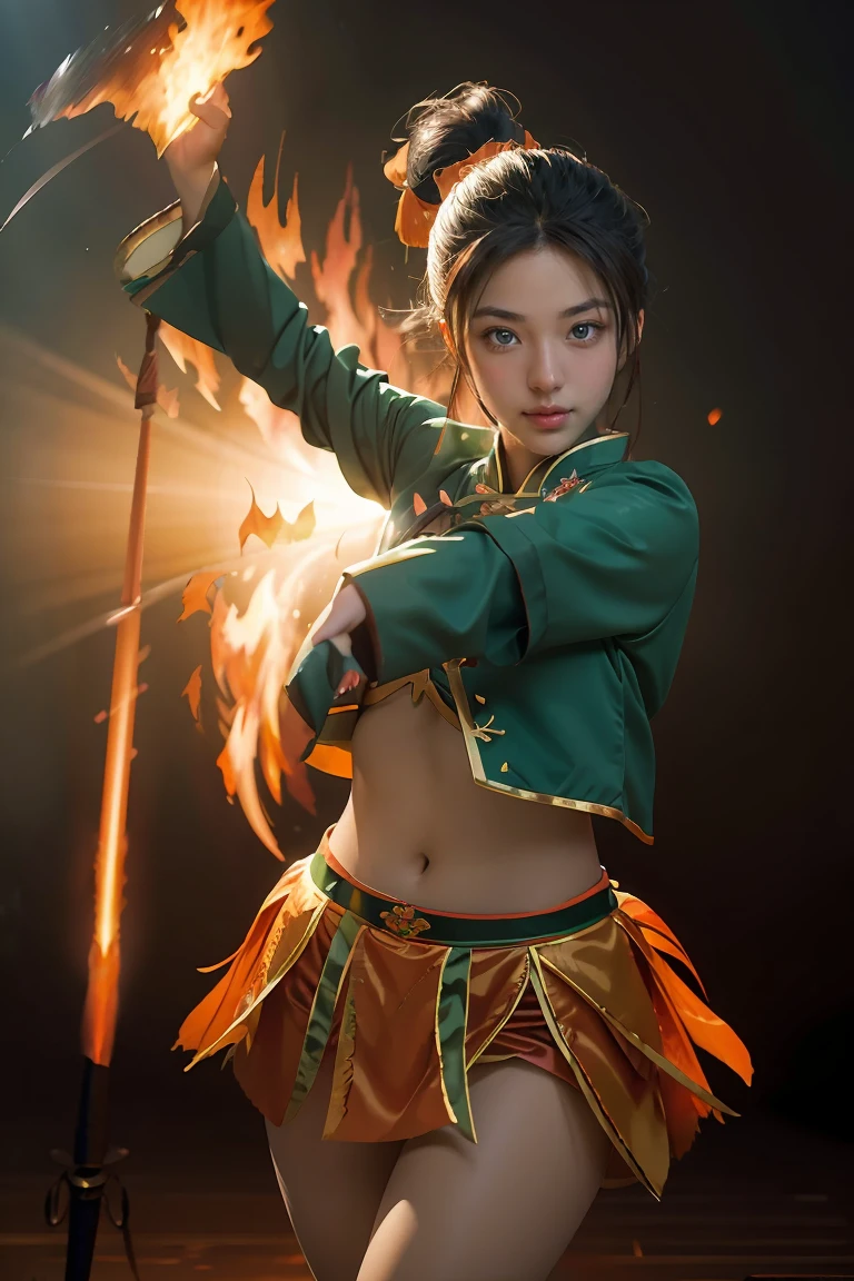 Fisheye lens with flames in background, Chinese girl dancing swords, dressed in Tang costume, a person, upward light, ray tracing, edge light, glow effect, exaggerated action, exaggerated perspective, orange, green, realistic ultra-fine rendering wind, super detail, blender, octanerending