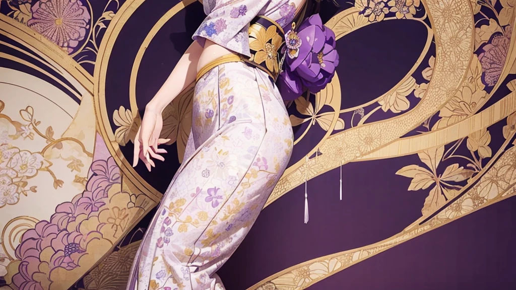 A Japanese fabric pattern with traditional purple, white and gold colors, featuring intricate designs of geisha figures surrounded by autumn Leaf and big fans, with subtle floral patterns in the background. The design is elegant and richly textured, reflecting classic Japanese aesthetics. It's perfect for high-end textile applications or as an artistic wallpaper in the style of traditional Japanese designs. flowding Bright crystal
