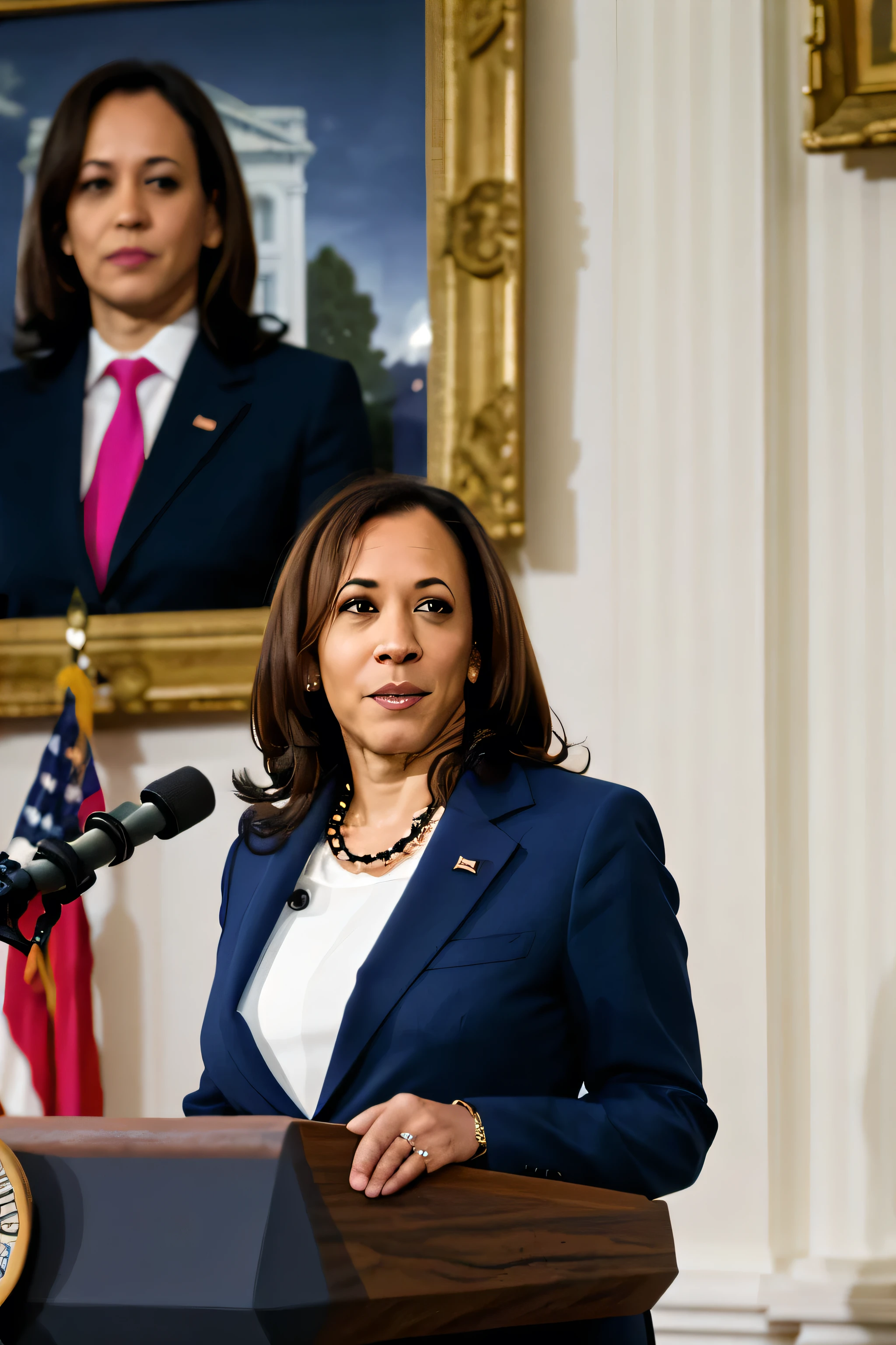 Kamala Harris standing at the presidential podium in the White House