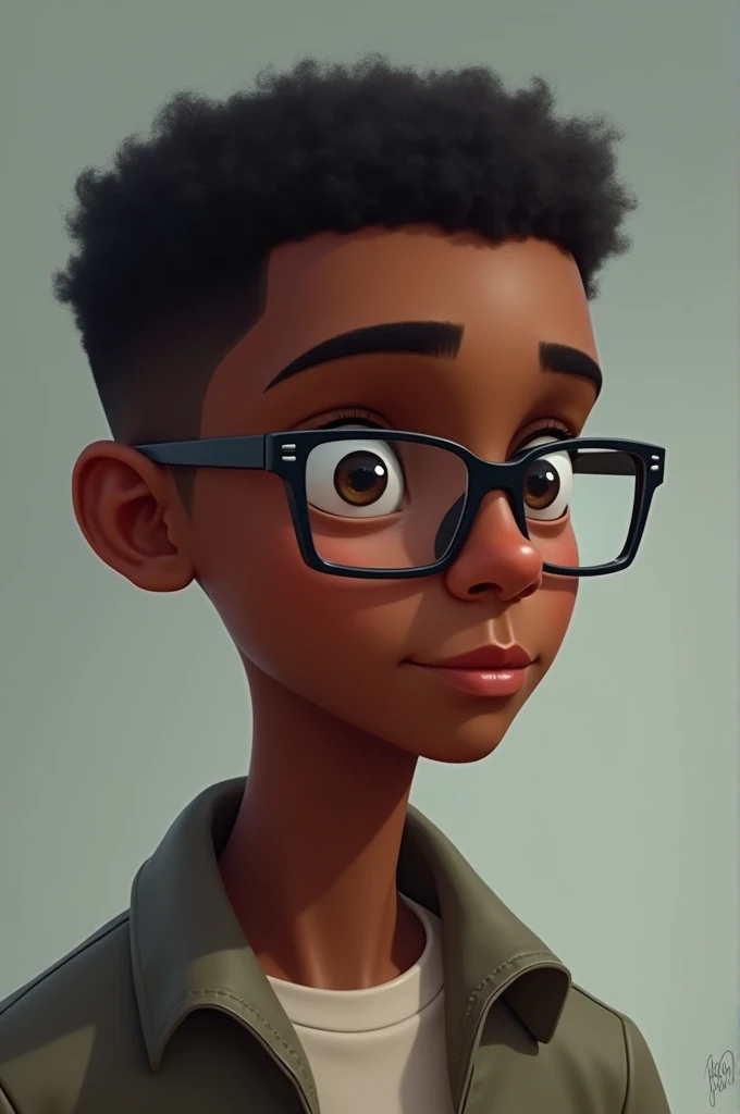 A 16-year-old black boy with glasses and not much hair