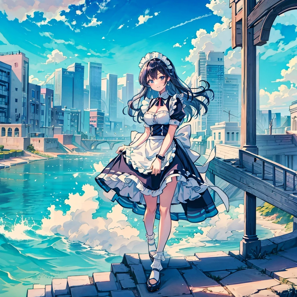 Composition seen from below - Blue sky with swirling clouds - Masterpiece - Back Anime-style delicate painting 4K 90's Giant Multiple girls Crowd Big city Crowd Many people ((A girl dressed as a giant maid walking in the valley of the city)), Maid outfit, Big breasts, White socks, wristwatch, black hair, smile, female giant girl whole body Crowd Unreal Engine, cleavage, drawing, earrings, long hair, cute drawing, beauty, analog style, whole body, sneakers
