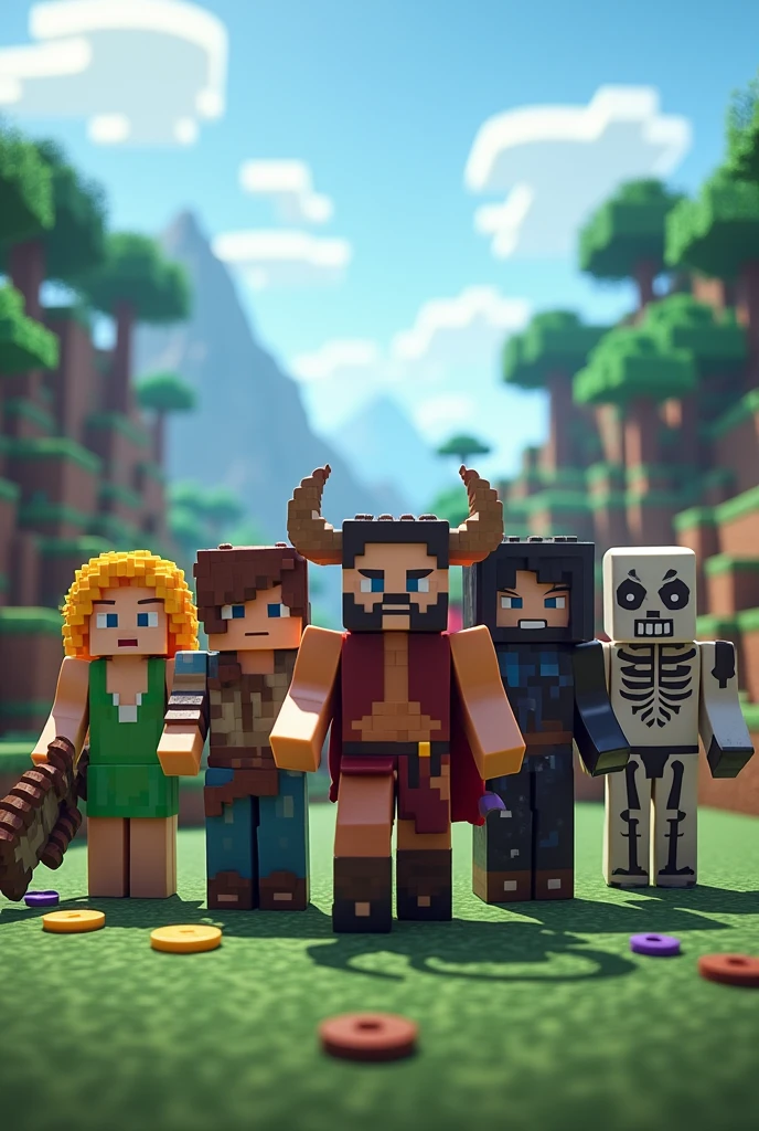 Create an image with characters that have Demeter, Eris, Ares, Pluto and Thanatos that are in the minecraft style and with the title written Sun Roleplay