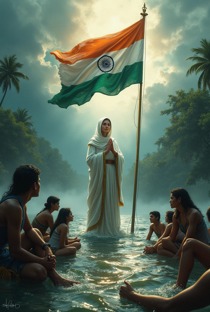 Best quality,indan flag ,mother Mary,, flood and landscape, crying Indian Kerala people , with indipendents day wishes