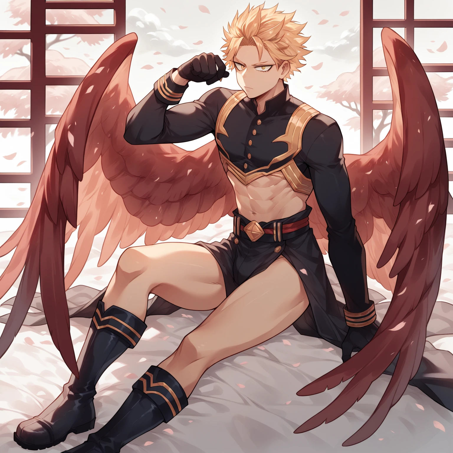 Alone, delicate gay boy, Blonde hair combed back with two front strands sticking out, gold eyes, red wings on his back, up to rank, curvy thighs, small waist, CLOTHES: Black prince suit with white design, black boots above the knees, gloves above the elbows, sitting on a velvet piece of furniture, cherry blossom palace room background, Hawks, Boku no Hero Academia