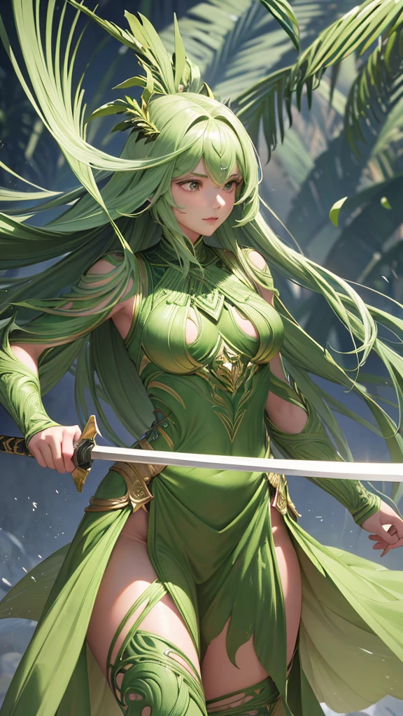 Create a highly detailed image of an intricately designed figure made entirely from woven green palm leaves. The figure has a humanoid form, appearing as a warrior with a dynamic, ready-for-battle stance. The palm leaves are skillfully woven and layered to form the armor-like structure of the body, giving it a textured, organic appearance. The warrior holds a sword, also crafted from palm leaves, with the blade and hilt seamlessly formed from the same material.Long, flowing strands of palm leaves extend from various parts of the figure, such as the head and shoulders, creating a sense of motion and energy. The background is a solid, neutral color, allowing the vibrant green of the palm leaves to stand out. The lighting is soft and subtle, highlighting the texture and intricate details of the woven leaves, while casting gentle shadows that add depth to the figure. The overall aesthetic is a blend of traditional craftsmanship and modern, fantastical design.