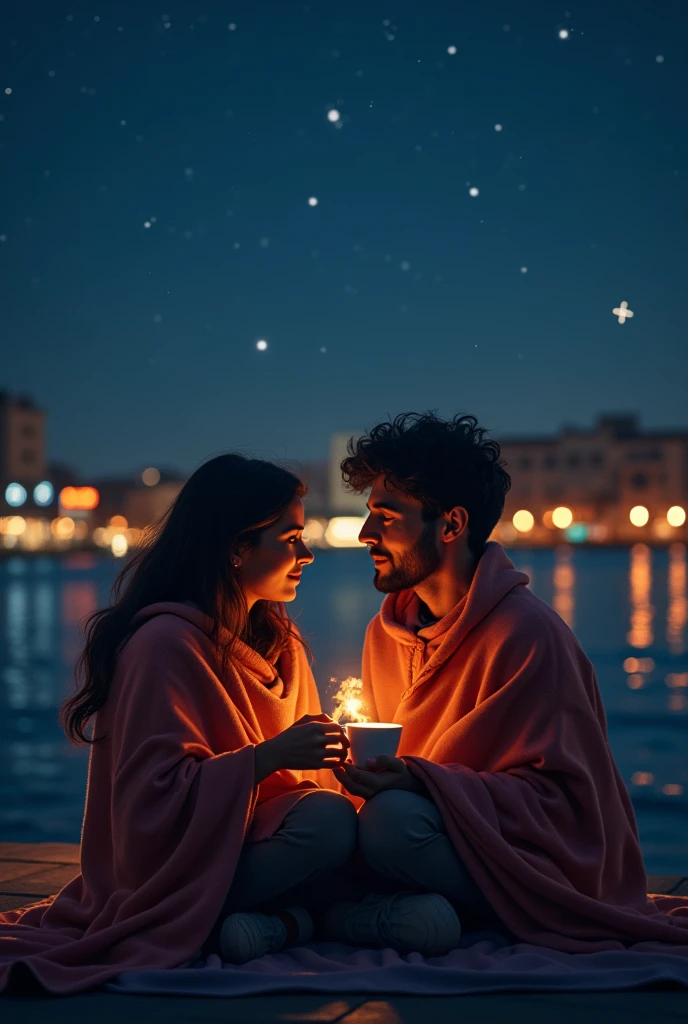 A couple of friends (man and woman): sitting in front of the waterfront of Asunción, Paraguay under the night sky covered with a blanket while sharing a coffee Covered with a blanket that shelters them from the cold