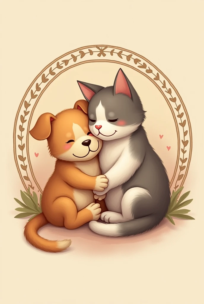 Dog and cat with love circle logo