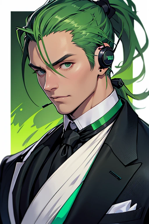 Green Hair、ponytail、Man wearing headphones、Black suit with white cravat around his neck、