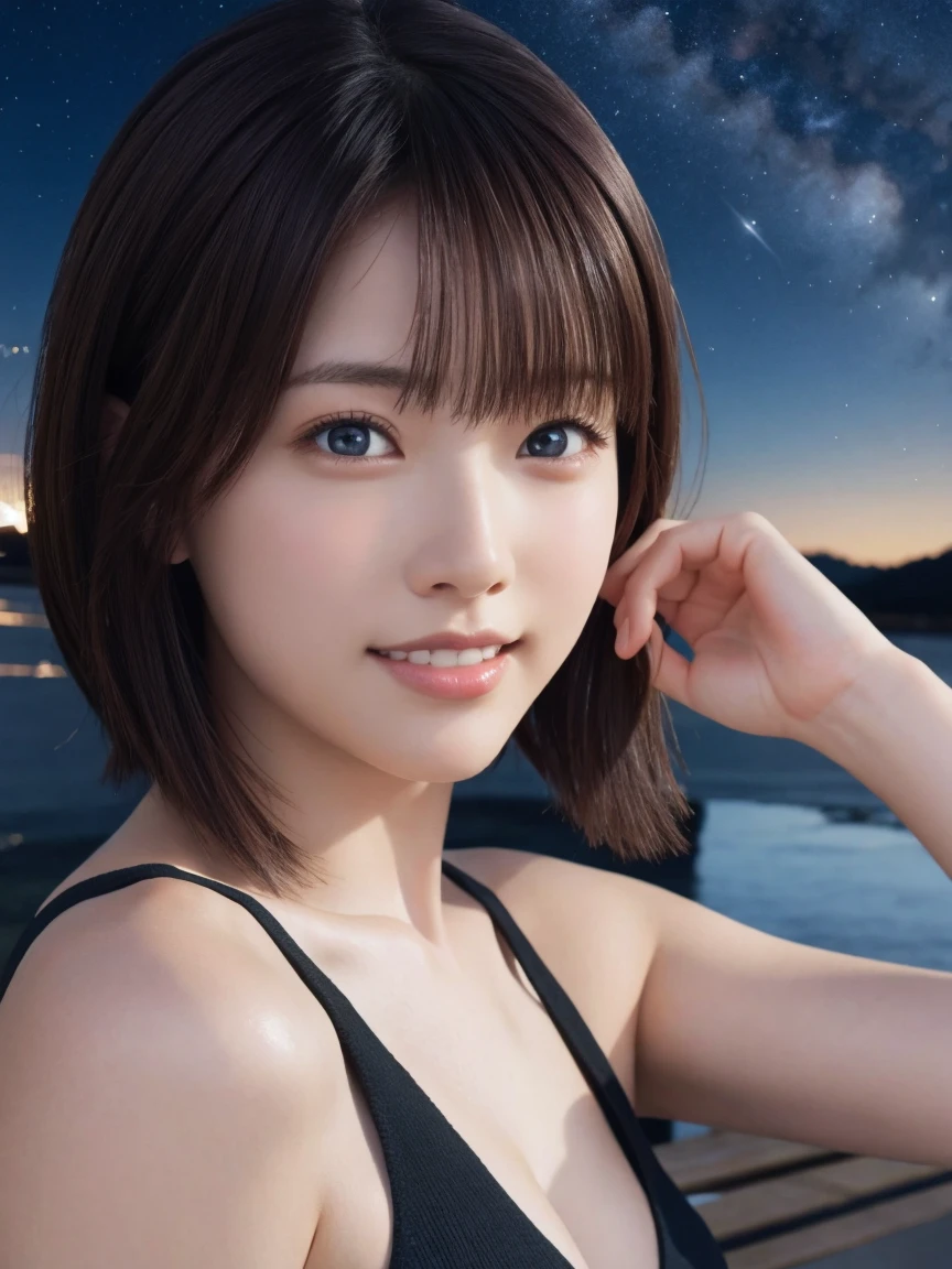 masterpiece、Highest quality、High resolution、Japanese women、(RAW Photos, Highest quality), (reality, Realistic:1.4) Tabletop、wallpaper、reality的、Bright lighting、Professional Lighting、Face Light、Smooth lighting、Adult、sexy、Sunburned skin、very detailed eyes and face, Beautiful and detailed nose, beautiful eyes, Perfect Anatomy、short hair、Brunette Hair、Iris、A cool smile、 looking up at beautiful starry sky