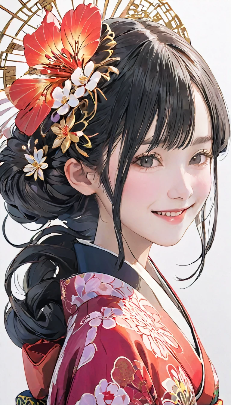 (((White background、White world)))、22 years old、Unity 8k wallpaper、Super detailed、Beautiful and aesthetic、masterpiece、Highest quality、(Tangle、Mandala、Tangle、Tangle)、(Fractal Art:1.3)、One Woman、Beautiful black hair、Hair tied up、Hairpin、Japanese、Big pink、Red kimono、Photographed from the front、smile、Japanese...