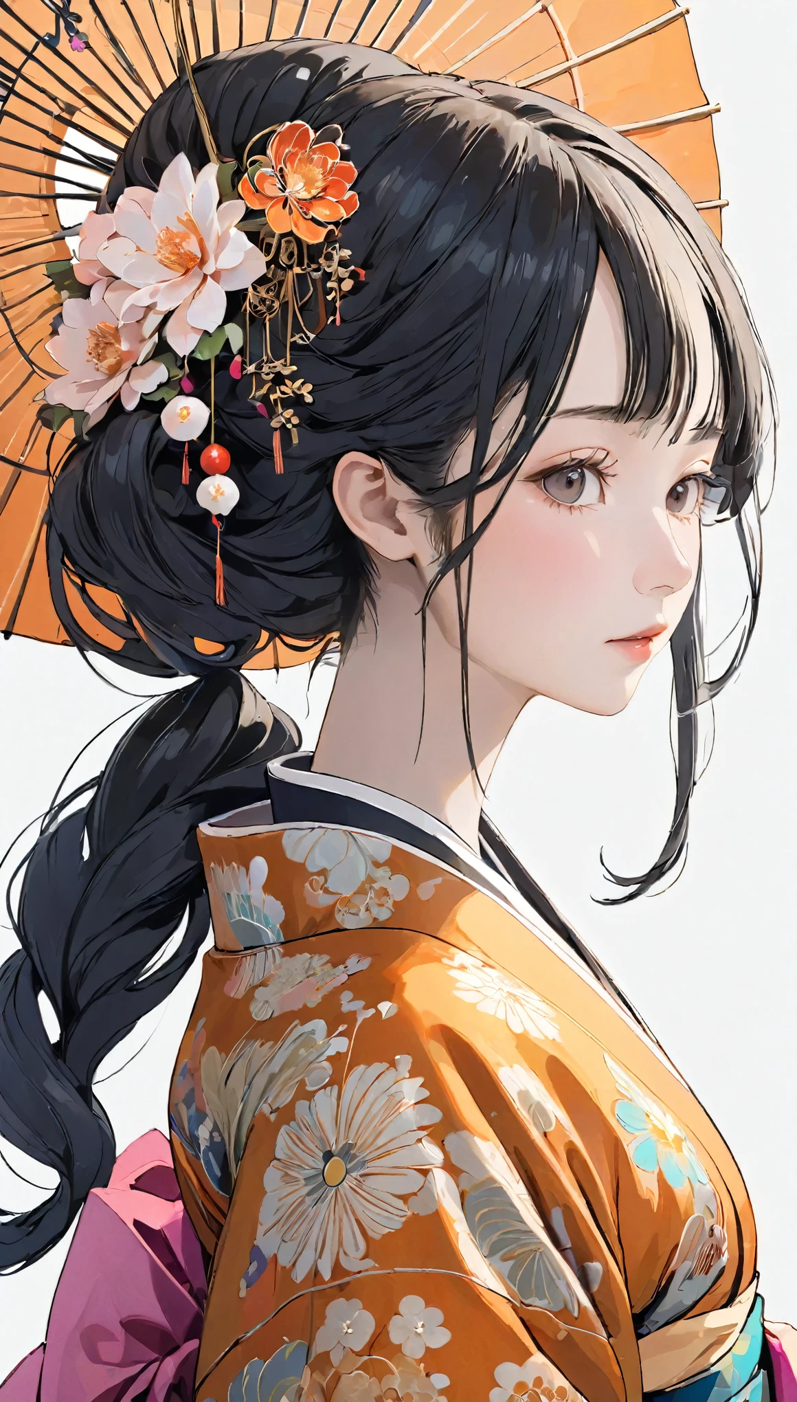 (((White background、White world)))、22 years old、Unity 8k wallpaper、Super detailed、Beautiful and aesthetic、masterpiece、Highest quality、(Tangle、Mandala、Tangle、Tangle)、(Fractal Art:1.3)、One Woman、Beautiful black hair、Hair tied up、Hairpin、Japanese、Big pink、Orange kimono、Japanese...