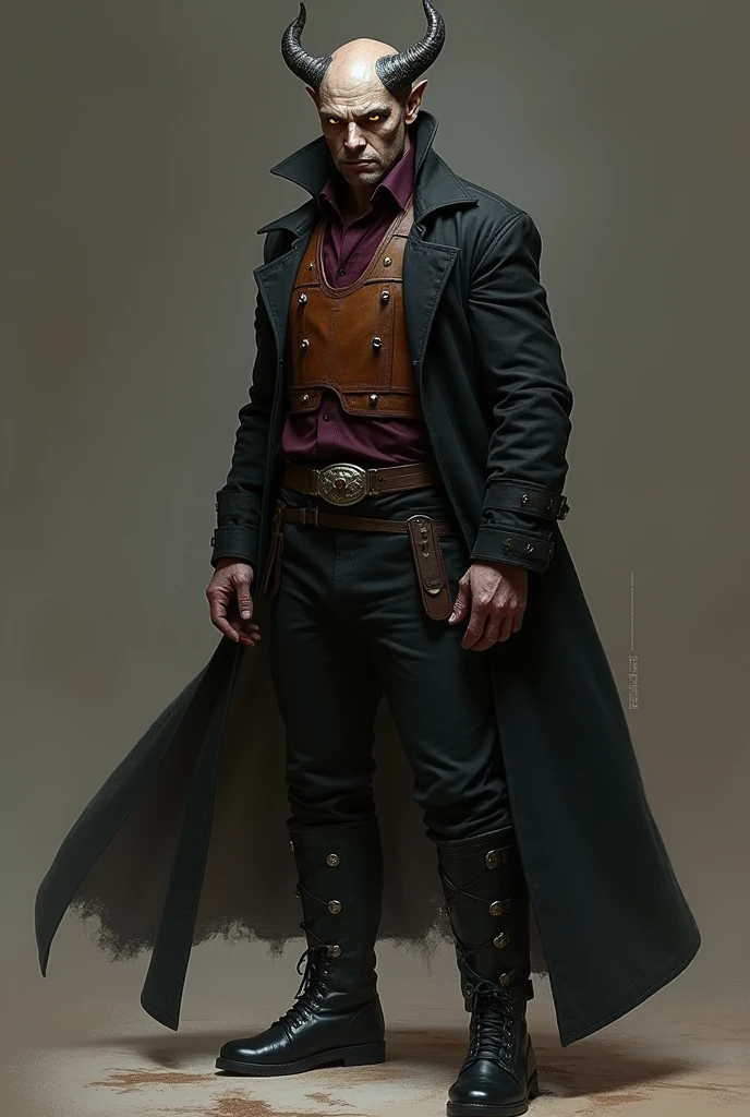 Man with yellow eyes, small horns. In Bordeaux colored shirt with black pants and black boots. Leather chest protector Long black coat
