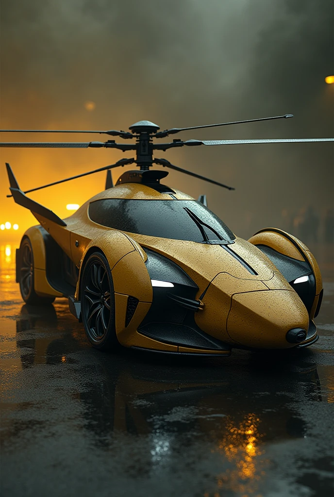 Make a car with airplane details and helicopter elise without airplane style door with fox details and fox style entrance through the roof of the dark yellow transformers decepticon megazord