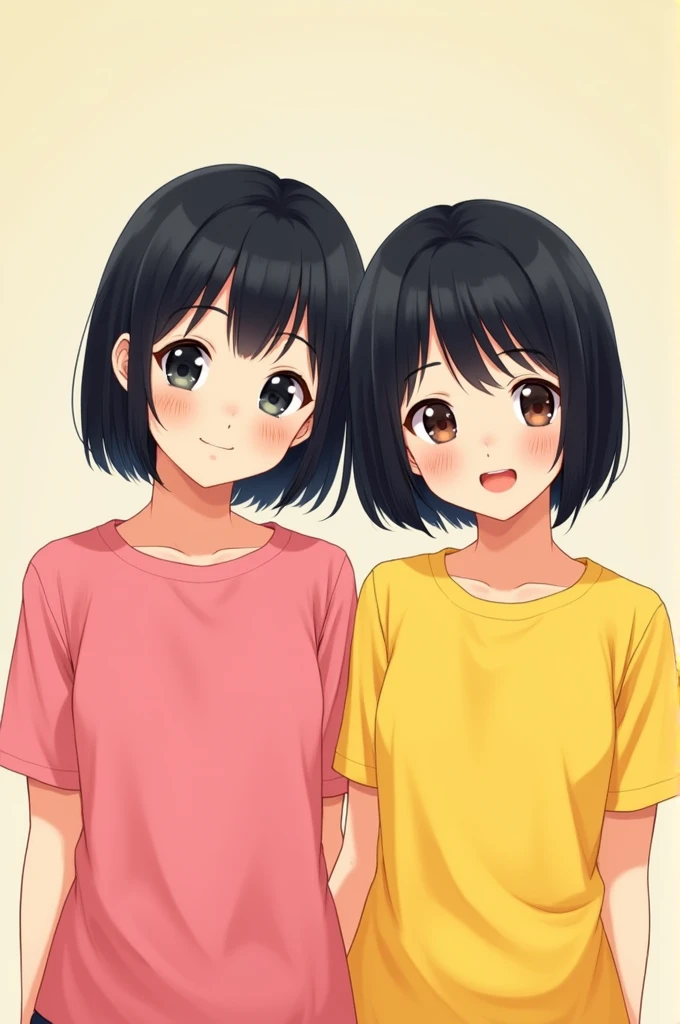 A girl with short black hair wearing a pink shirt and a girl with short black hair wearing a yellow shirt 