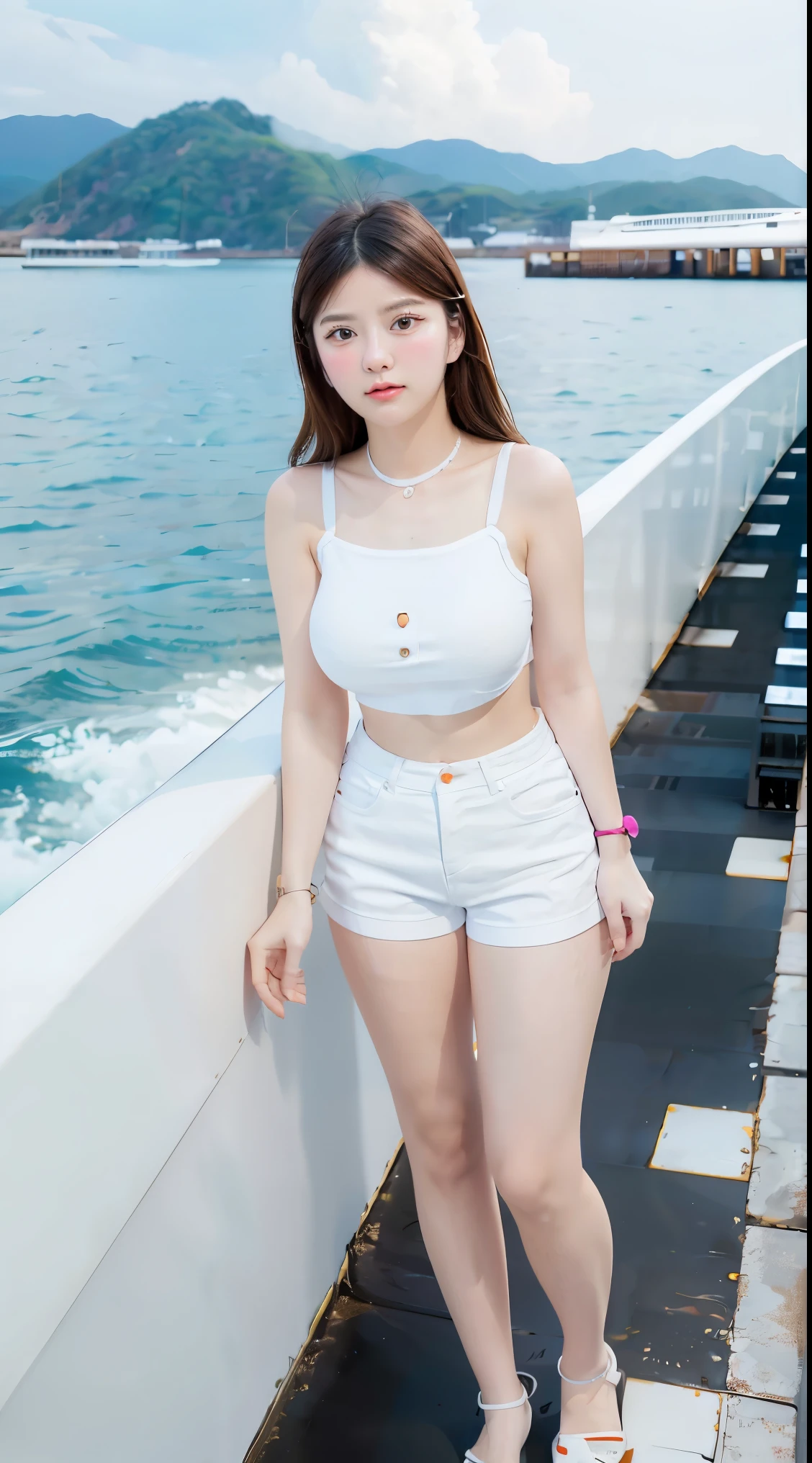 work of art, best qualityer, 1woman, A high resolution,  beautiful girl ,  yamatowanpi，breasts big，neckleace，White color blouse，full body photo，Raised sexy，Get red in the face，sea background, ((Full body)) posing with your arm