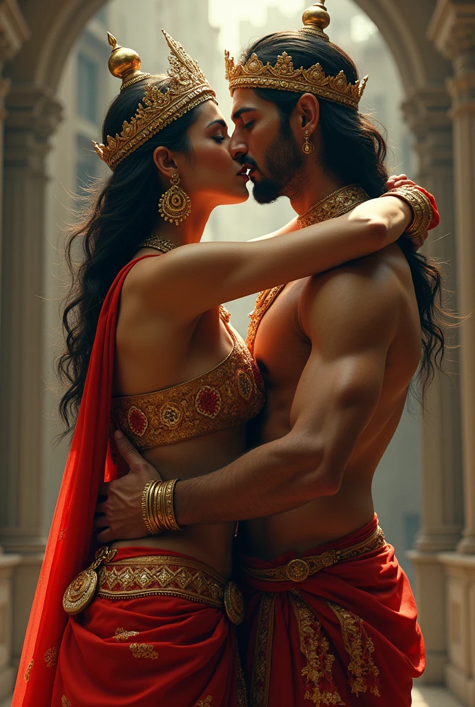 Hindu goddesses Durga, wearing beautiful red saree, dog collar on neck along with other jewellery, Hindu deity, crown in head, exposed skin, red saree , kissing muslim man