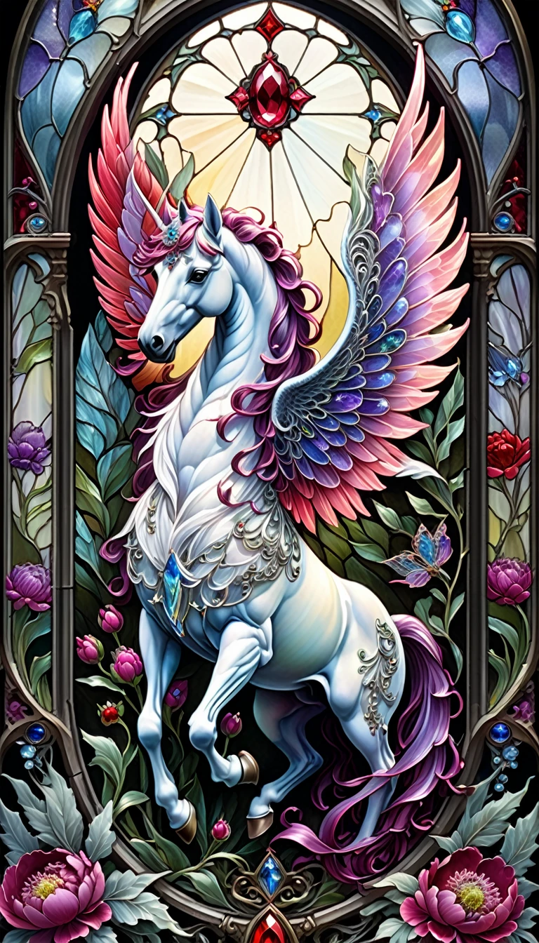 triadic colors, cinematic, official art, close fairytale transparent glass pegasus ruby peony flowers, ice hoarfrost, baroque, Craola, highly detailed stained glass wings, amethyst crystals, labradorite iridescent crystals, Andy Kehoe, John Blanche, complex highly detailed background,  book detailed illustration, fantasy, filigree, filigree detailed, intricated, cute
