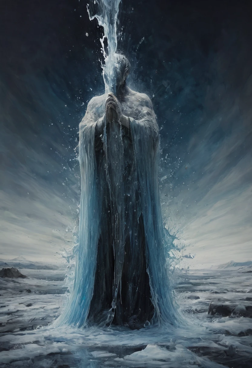 a highly detailed, photo-realistic painting of a portrait of an old emperor figure made of ice bursting under water, desolated icy surreal landscape, Denis Forkas painting style, Nicola Samorì painting style, professional painting, oil on canvas, dramatic lighting, vivid colors, extremely detailed, cinematic composition, photorealistic textures, intricate details, dramatic atmosphere, deep shadows, high contrast, moody tones, dramatic lighting, ethereal, dreamlike, fantastical, creepy, sinister, melting ink, centre composition, sense of awe, dramatic lighting, impressionism, blur movement effect