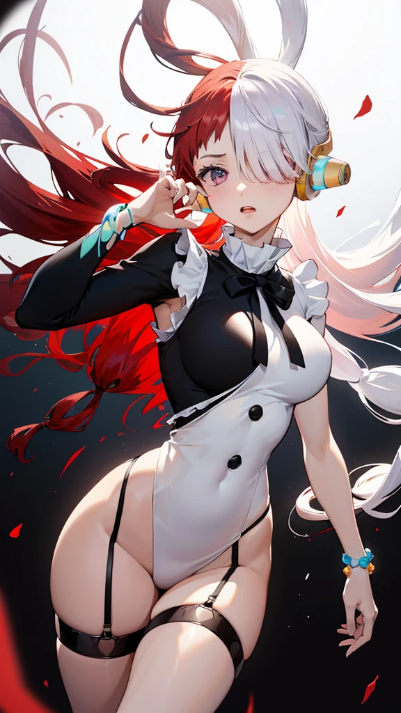 Official Art, Unity,8k wallpaper, Correct Anatomy，Very detailedな, Beautiful yet fleeting、((Uta))Japan、beautiful, masterpiece,((One Woman))((black thong)) Highest quality,White flower, ((Large Breasts))Flower Ecstasy, Very detailed, Red and white hair、Dynamic Angle, ((White dress)), ((Live Performance Venues))The most beautiful form of chaos, ((Black garter belt)).elegant, Vibrant colors,((Sing a song)) Romanticism, James Jean, Robbie Dawi Anton, Ross Tran, Francis Bacon, It was very cold, Petra Cortright, Gerhard Richter, takato yamamoto, Ashley Wood, Atmospheric,((Diva))Note