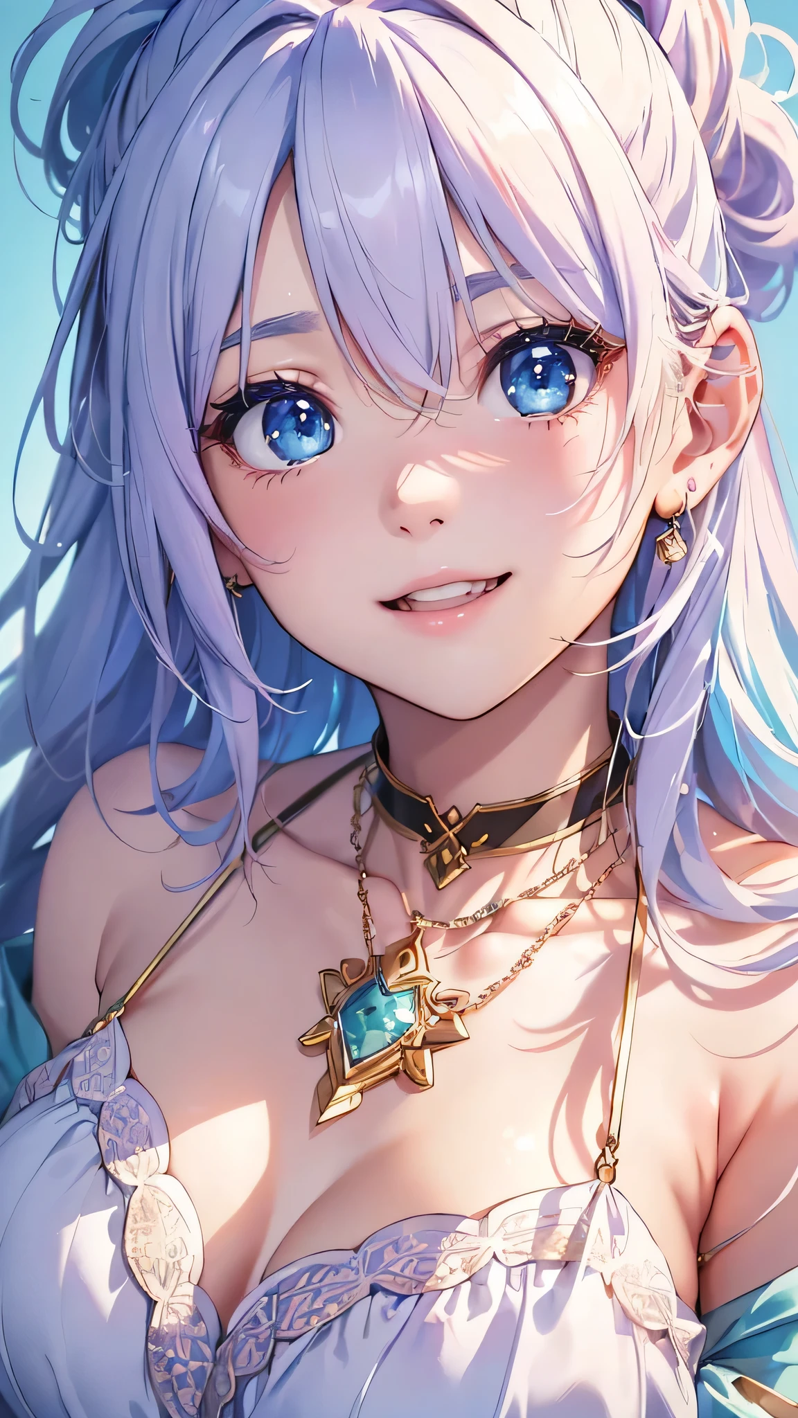 最high quality、Best image quality、masterpiece、and((cute、18-year-old、Best Bust、Medium Bust、Beautiful Blue Eyes、Spread your chest wide,Pastel Hair、ponytail、Disheveled Hair、thin、Highest Valley、Pastel Dress、smile、necklace、Wristband、)）high quality、Beautiful art、background((Pastel Room、Live Performance Venues)),Tabletop、Exquisite design、Visual Arts、Written boundary depth、Best lighting、Highest detail、8ｋ