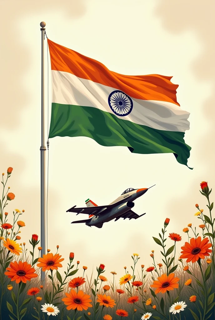 Indian flag with airforce sketch with some unique flowers at borders depicting Indian freedom struggle