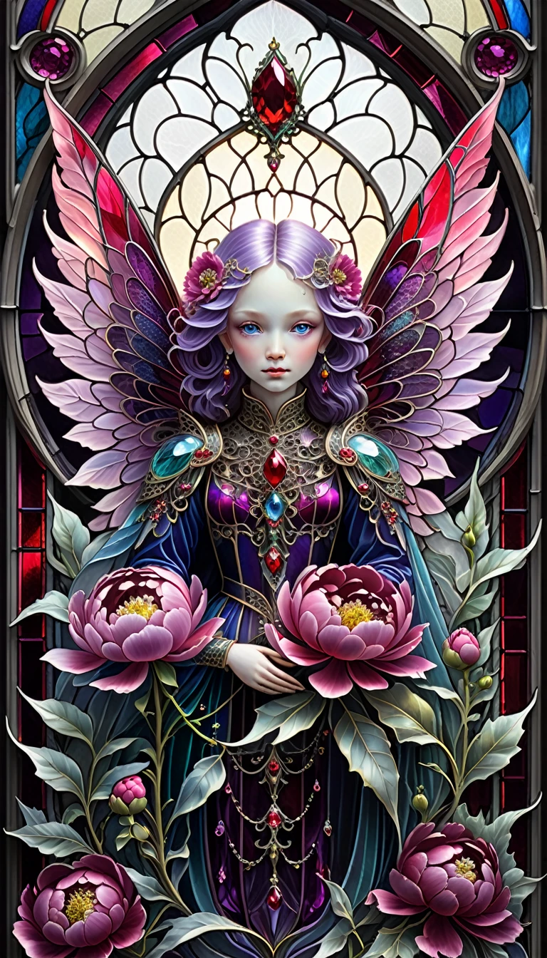 triadic colors, cinematic, official art, close fairytale transparent glass deamon ruby peony flowers, ice hoarfrost, baroque, Craola, highly detailed stained glass wings, amethyst crystals, labradorite iridescent crystals, Andy Kehoe, John Blanche, complex highly detailed background, child book detailed illustration, fantasy, filigree, filigree detailed, intricated, cute
