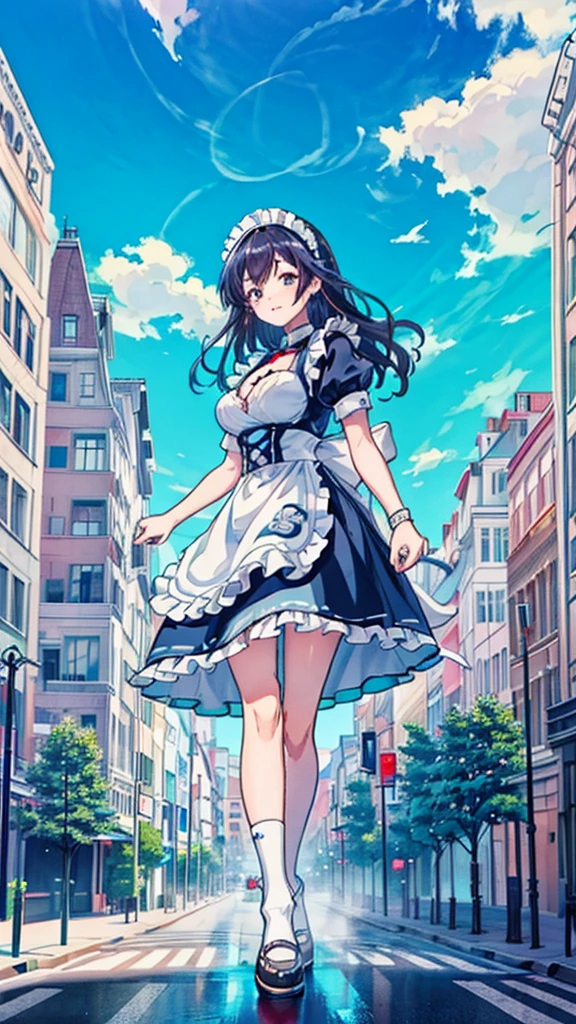 ((Masterpiece, best quality)),beautiful colors, sharp contrast,photography, detailed skin, realistic, photo-realistic, 8k, highly detailed, full length frame, High detail RAW color art, diffused soft lighting, shallow depth of field, sharp focus, hyperrealism, cinematic lighting,smiling, edgHO, fishnet_dress,((fishnets,cut out dress)),hairband, blue ascot, hair ribbon, in a black dress ,wearing edgHO,