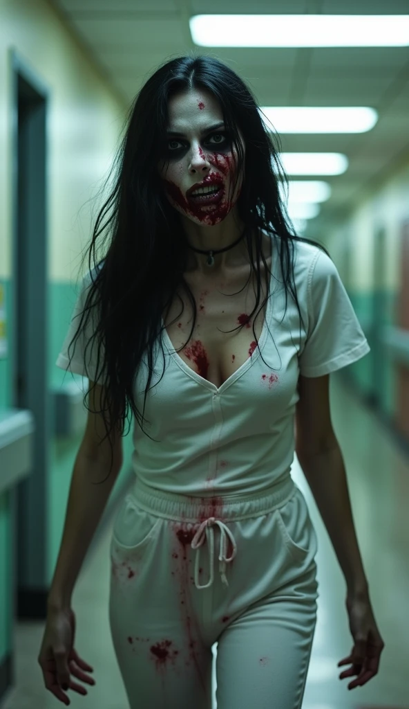 a female zombie with signs of being recently bitten, black fur, grey eyes, with big breasts, dressed as a nurse, Walking like a zombie through a hospital hallway with flashing lights and blood-filled hallways.