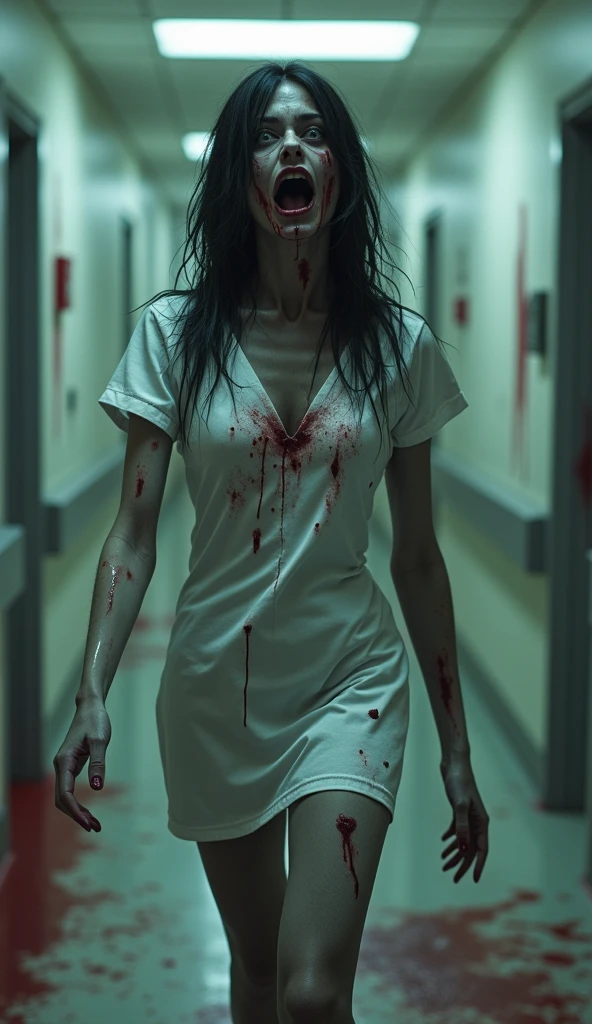 a female zombie with signs of being recently bitten, black fur, grey eyes, with big breasts, dressed as a nurse, Walking like a zombie through a hospital hallway with flashing lights and blood-filled hallways.