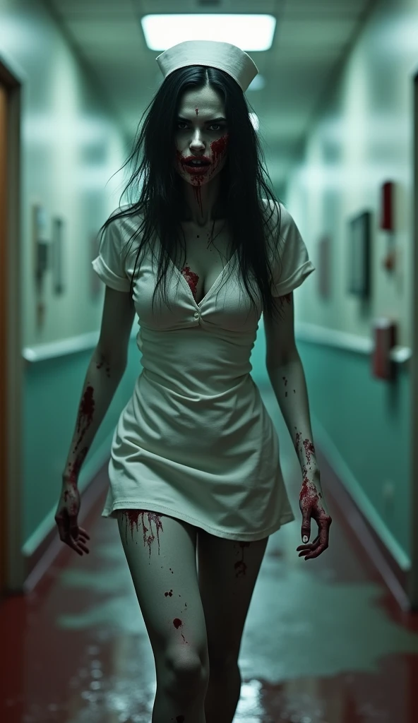 a female zombie with signs of being recently bitten, black fur, grey eyes, with big breasts, dressed as a nurse, Walking like a zombie through a hospital hallway with flashing lights and blood-filled hallways.