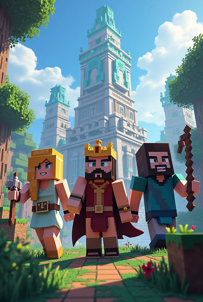 Create an image with characters that have Demeter, Eris, Ares, Pluto and Thanatos that are in the minecraft style and with the title written Sun Roleplay