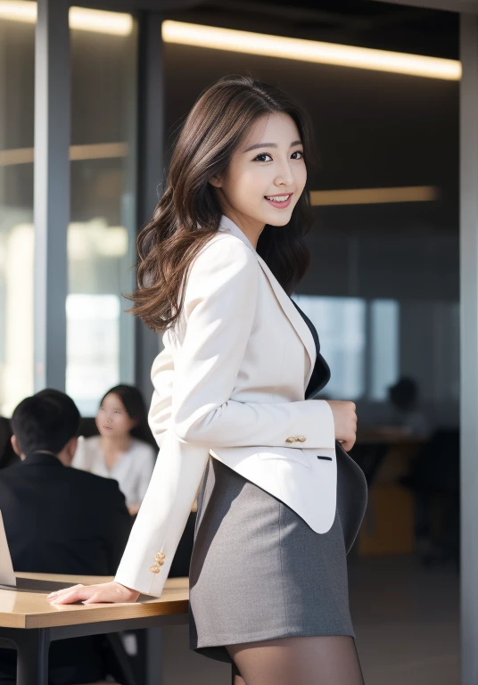 (Highly detailed CG Unity 8K wallpapers, Highest quality, Very detailed, Looking at the camera:1.2, The light shines on your face:1.5, Gray background, Professional Lighting), Upper Body, 20-year-old Japanese female paralegal. Hair length is medium, dark, Back to practical style; Oval face and well-defined eyebrows, Intelligent almond-shaped eyes, Straight nose, and a gentle tone. Outfit includes a tailored blazer, Crisp white shirt, discreet pendant necklace, It symbolizes her efficient and focused personality., front, Mid Shot, smile, mini skirt, pantyhose, High heels, Perfect beauty, office worker, ((Perfect beauty)), Slim legs, At a table on the street at a stylish open-air cafe in an office district, ,