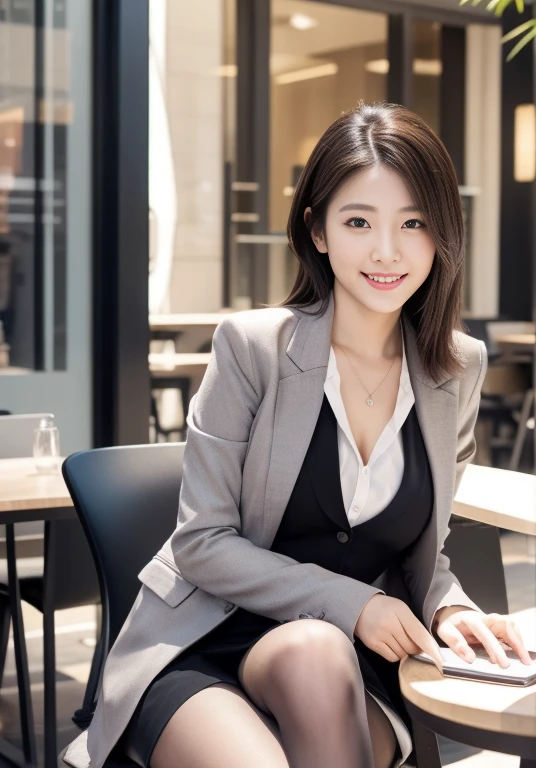 (Highly detailed CG Unity 8K wallpapers, Highest quality, Very detailed, Looking at the camera:1.2, The light shines on your face:1.5, Gray background, Professional Lighting), Upper Body, 20-year-old Japanese female paralegal. Hair length is medium, dark, Back to practical style; Oval face and well-defined eyebrows, Intelligent almond-shaped eyes, Straight nose, and a gentle tone. Outfit includes a tailored blazer, Crisp white shirt, discreet pendant necklace, It symbolizes her efficient and focused personality., front, Mid Shot, smile, mini skirt, pantyhose, High heels, Perfect beauty, office worker, ((Perfect beauty)), Slim legs, At a table on the street at a stylish open-air cafe in an office district, ,