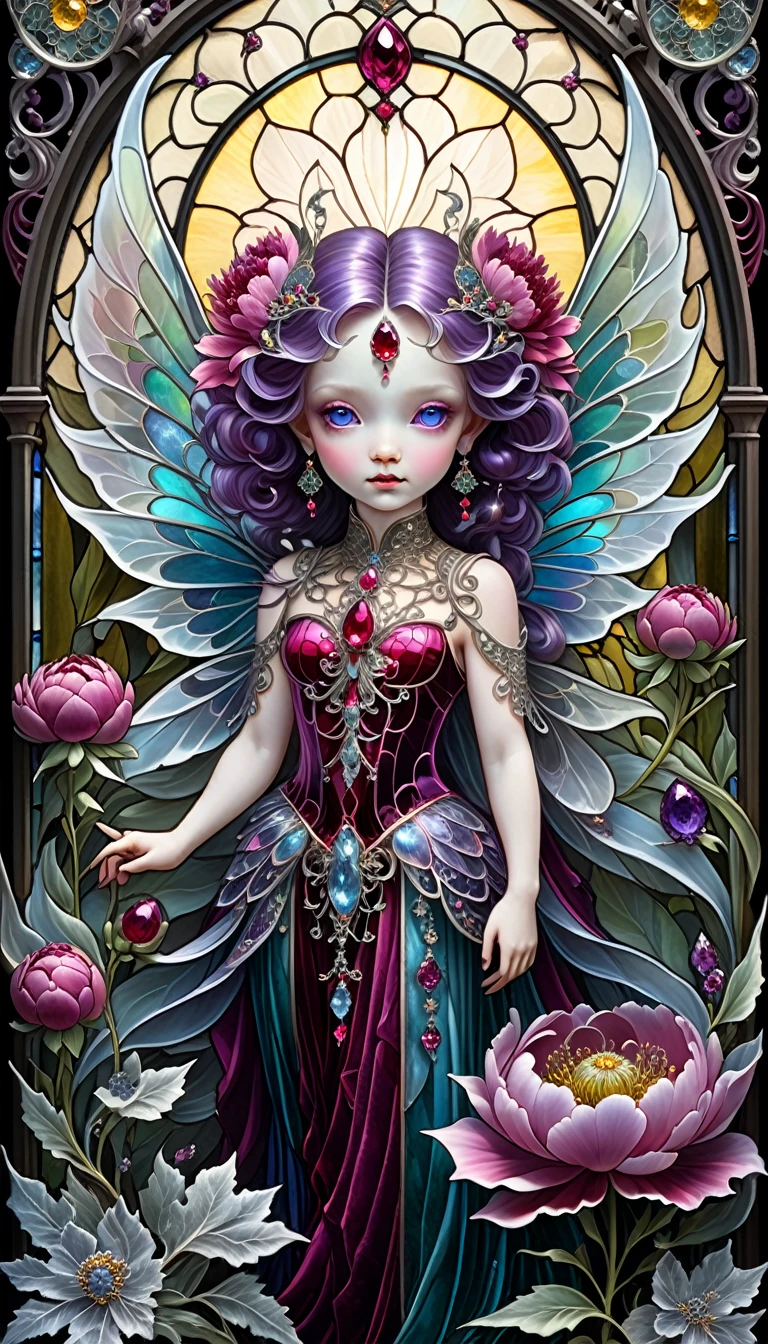 triadic colors, cinematic, official art, close fairytale transparent glass gorgon ruby peony flowers, ice hoarfrost, baroque, Craola, highly detailed stained glass wings, amethyst crystals, labradorite iridescent crystals, Andy Kehoe, John Blanche, complex highly detailed background,  book detailed illustration, fantasy, filigree, filigree detailed, intricated, cute
