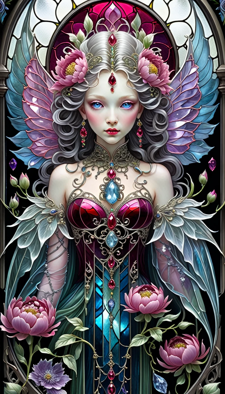 triadic colors, cinematic, official art, close fairytale transparent glass gorgon ruby peony flowers, ice hoarfrost, baroque, Craola, highly detailed stained glass wings, amethyst crystals, labradorite iridescent crystals, Andy Kehoe, John Blanche, complex highly detailed background,  book detailed illustration, fantasy, filigree, filigree detailed, intricated, cute
