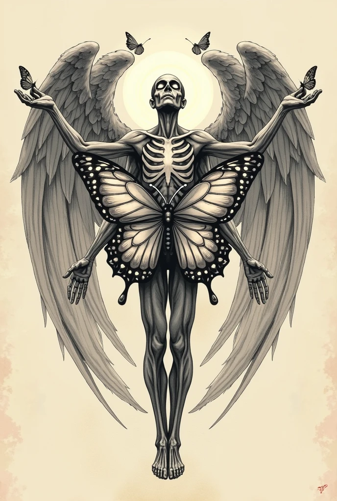 T-shirt design, an angel holding the head of a demon, tattoo style