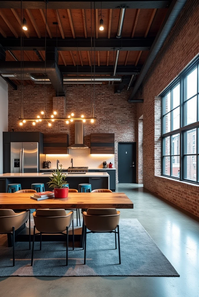"An industrial-style loft in a converted warehouse. The design features exposed brick walls, large metal-framed windows, and polished concrete floors. The open-plan living area includes a modern kitchen with stainless steel appliances, a large dining table made from reclaimed wood, and a cozy seating area with a leather sofa and industrial-style lighting fixtures. The color palette is a mix of neutral tones with pops of bold colors like red or blue."
