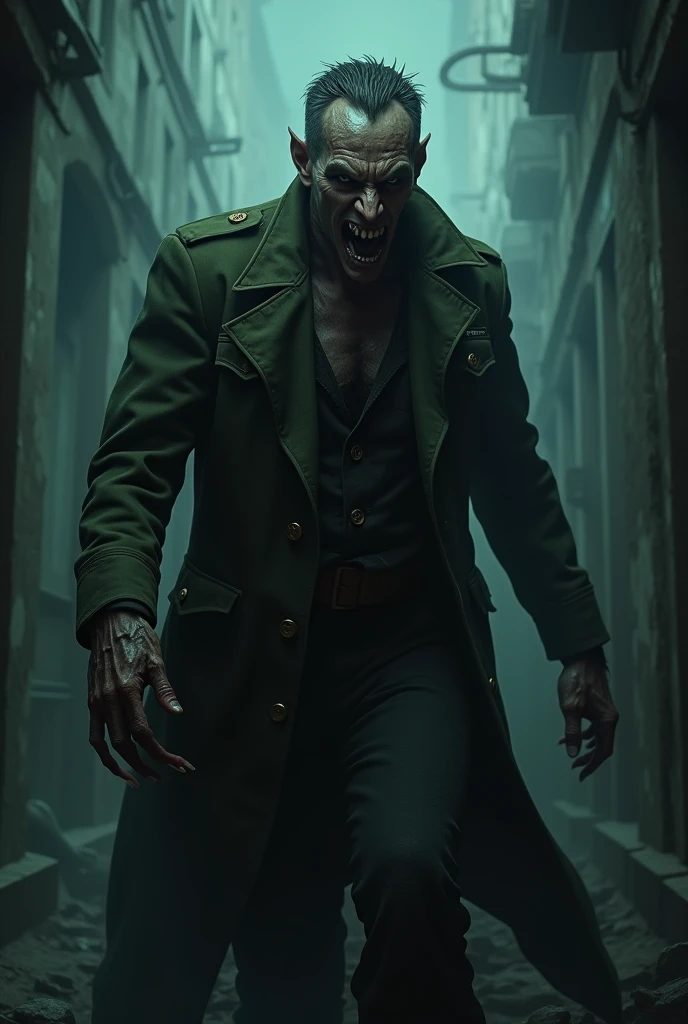 (photorealism:1.2), A man, 30 years, vampire, nosferate, sound, monsterso, former US military man, underworld, at night, deformed, monster