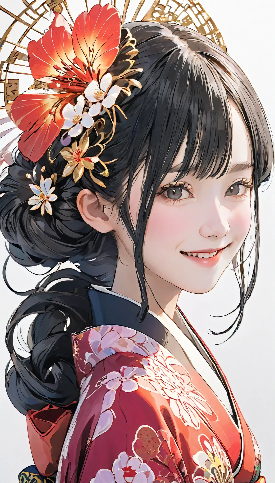 (((White background、White world)))、22 years old、Unity 8k wallpaper、Super detailed、Beautiful and aesthetic、masterpiece、Highest quality、(Tangle、Mandala、Tangle、Tangle)、(Fractal Art:1.3)、One Woman、Beautiful black hair、Hair tied up、Hairpin、Japanese、Big pink、Red kimono、Photographed from the front、smile、Japanese...
