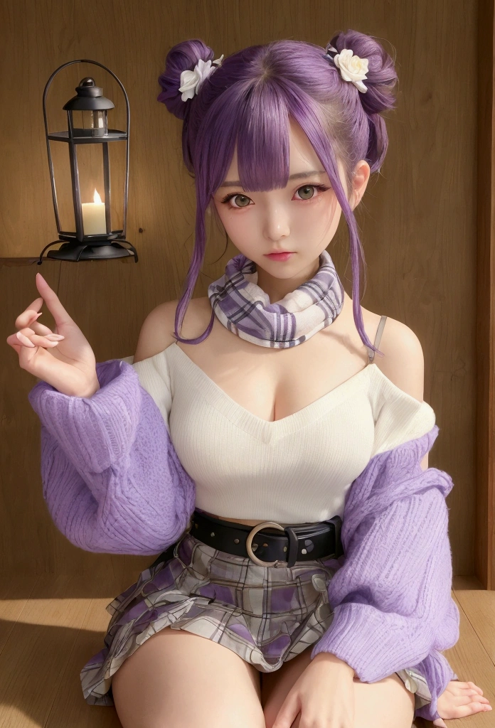 (Realistic painting style:0.9), masterpiece, Highest quality, Absurd, View your viewers, alone, Stingy (Lantern Ceremony) (Genshin Impact), Stingy (Genshin Impact), Hair Bun, skirt, scarf, purple sweater, white skirt, Purple Hair, sweater, Twin tails, Purple eyes, Diamond-shaped pupils, hair ornaments, Exposing shoulders, smile, chest, cone Hair Bun, Long Hair, belt, Double Bang, Long sleeve, bangs, bow, Hair Flower, hair bow,ribbon, hair ribbon, Braiding, Plaid scarf, Plaid, Off the shoulder、かなり大きなchest、Crouching、White panties are visible、