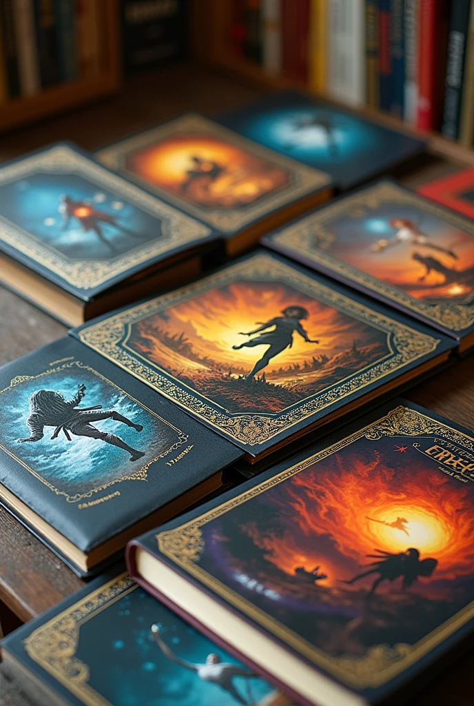 "A close-up of several books with their covers showing different genres, such as fantasy, science fiction, history, and romance. Each book's cover is vividly illustrated, representing the diversity of stories and knowledge that books offer."