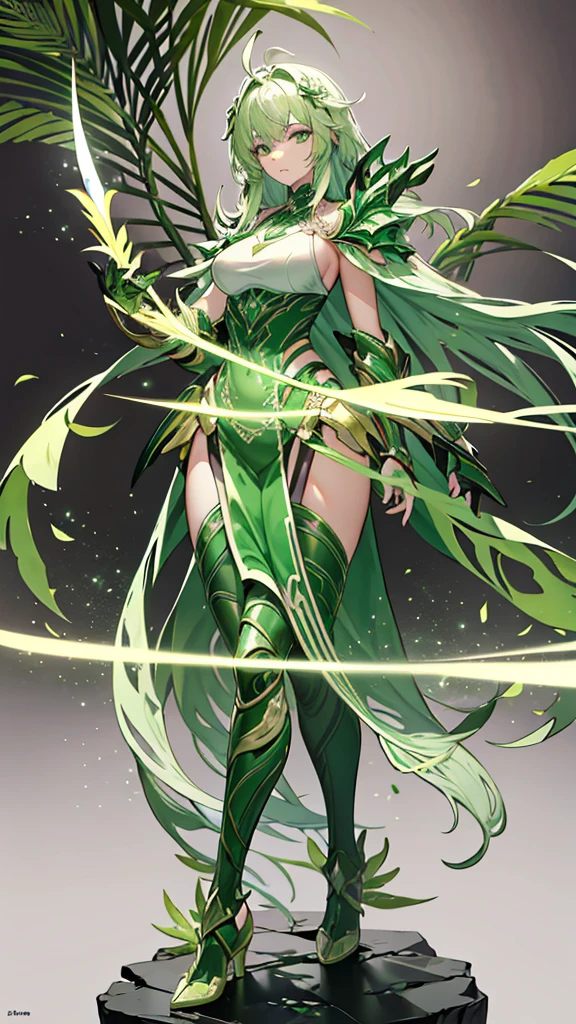 (masterpiece), (Best Quality: 1.0), (ultra high resolution: 1.0), A stylized figure with a design reminiscent of an anime character with feminine features, presenting a slim and curvy body. She has long green hair that falls elegantly., with a hairstyle that covers one of her eyes. His eyes are big and red, giving it an intense and enigmatic expression. The clothes she wears are tight and light green in color., highlighting your silhouette. Her pose is relaxed but with attitude, showing a hand in a sign of peace or victory. The background is blurry and bokeh, with soft colors that do not distract from the main character.