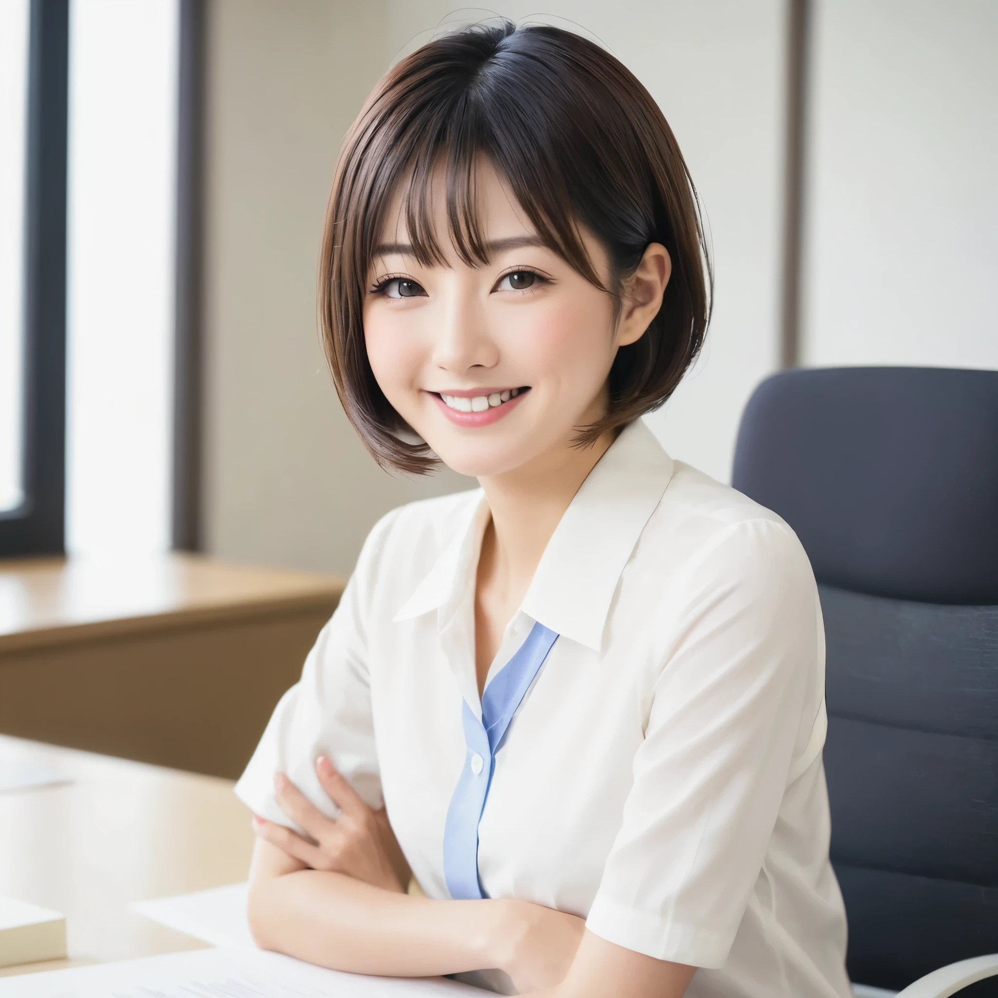 (White collared shirt、Offering tea、Tied up hairstyle、Photo from the waist up:1.4).One Girl, Cool Biz、(Put your hands on the desk and stick your butt out、office、Her natural G-cup breasts are visible even through her clothes、Office Lady Uniform、Cute beauty, Delicate girl:1.3), (24-years-old:1.3),(Smiling with teeth showing、Cute smiling eyes、Cute loose perm、(Fluffy hair、Loose perm、Braid only the bangs:1.4)Braid only the bangs、Fluffy hair、Medium Short Hair、Wearing an office lady skirt、Round and ample breasts、Curved waist、Photo from the waist up:1.4)
Very beautiful eyes, (Office Lady Uniform:1.3), (G-cup big breasts:0.5), Brown eyes, Parted bangs, Light brown hair,
, A face of ecstasy、(The expression of ecstasy、A face of ecstasy:1.0),
, (masterpiece, Highest quality, Super detailed, Detailed face, 8k)