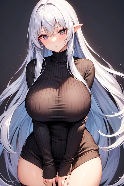 Big Breasts、long hair、Silver Hair、No sleeve、Vertical knitwear、Black fishnet stockings、Long, slender legs、Emphasize the chest、whole body、High resolution、masterpiece、Highest quality、High-resolution model