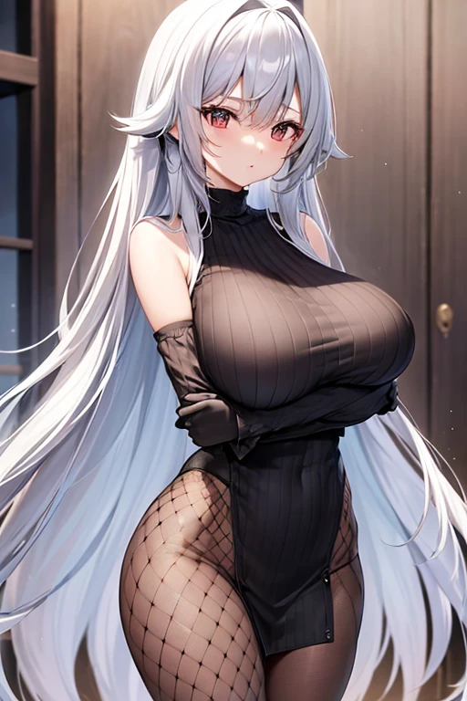 Big Breasts、long hair、Silver Hair、No sleeve、Vertical knitwear、Black fishnet stockings、Long, slender legs、Emphasize the chest、whole body、High resolution、masterpiece、Highest quality、High-resolution model