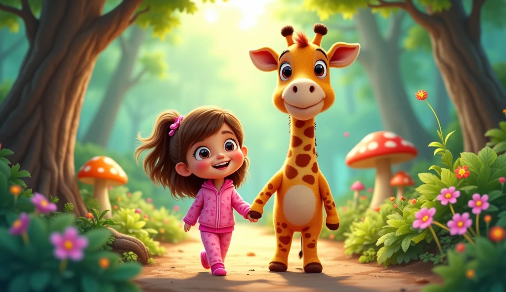 Cartoon girl in pink pajamas walking in a beautiful forest along a path with a toy plush giraffe walking next to her